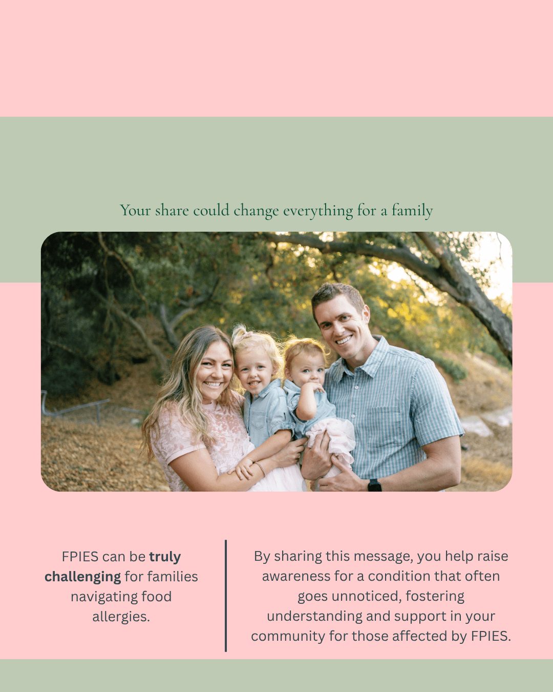 Spread FPIES awareness graphic with a family photo
